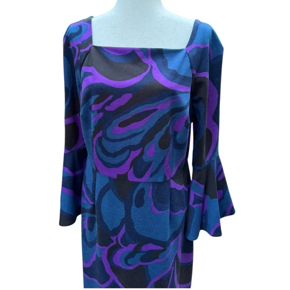 Trina Turk Size 14 Bell Sleeve Dress | Purple & Blue Swirl Geometric Mod Print - Picture 5 of 11